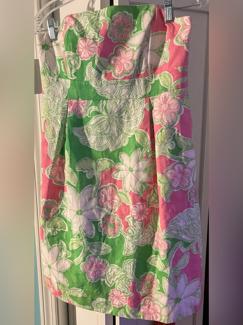 Lilly Pulitzer Strapless Pink, Green & White Floral A-Line Skirt Dress Womenโs 6